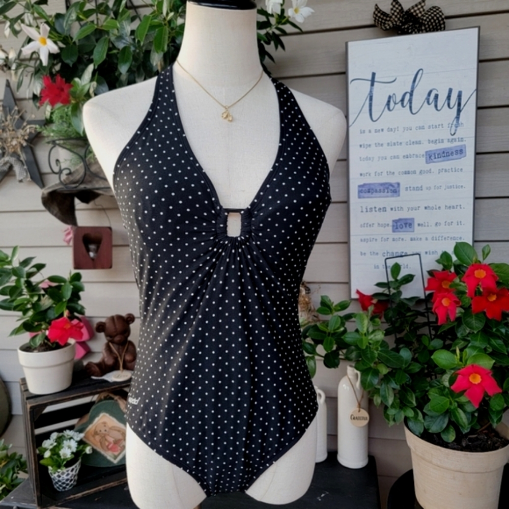 SPEEDO ♡ Sweet 1pc Black 'n White Polka Dot Low V Padded Bralette Swimsuit 10